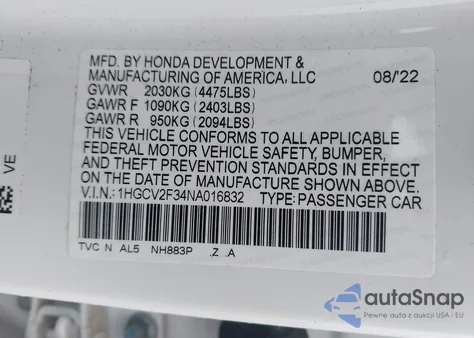 2022 Honda Accord Sport from USA, damaged, VIN 1HGCV2F34NA016832